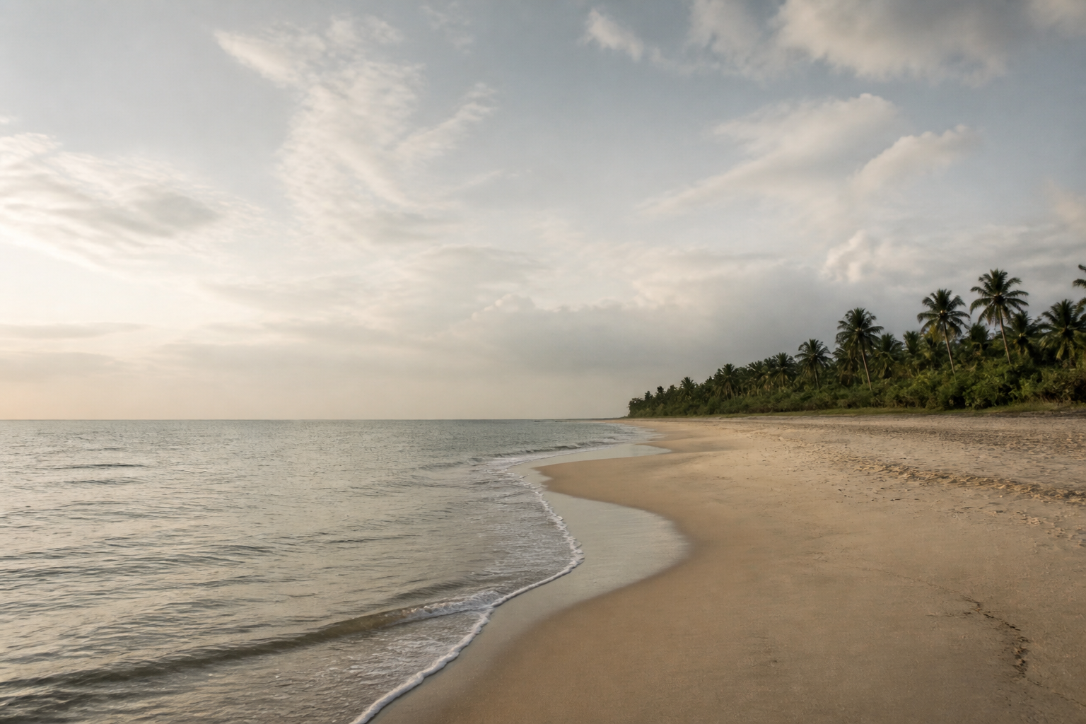 A calm Kerala shoreline extending toward the horizon