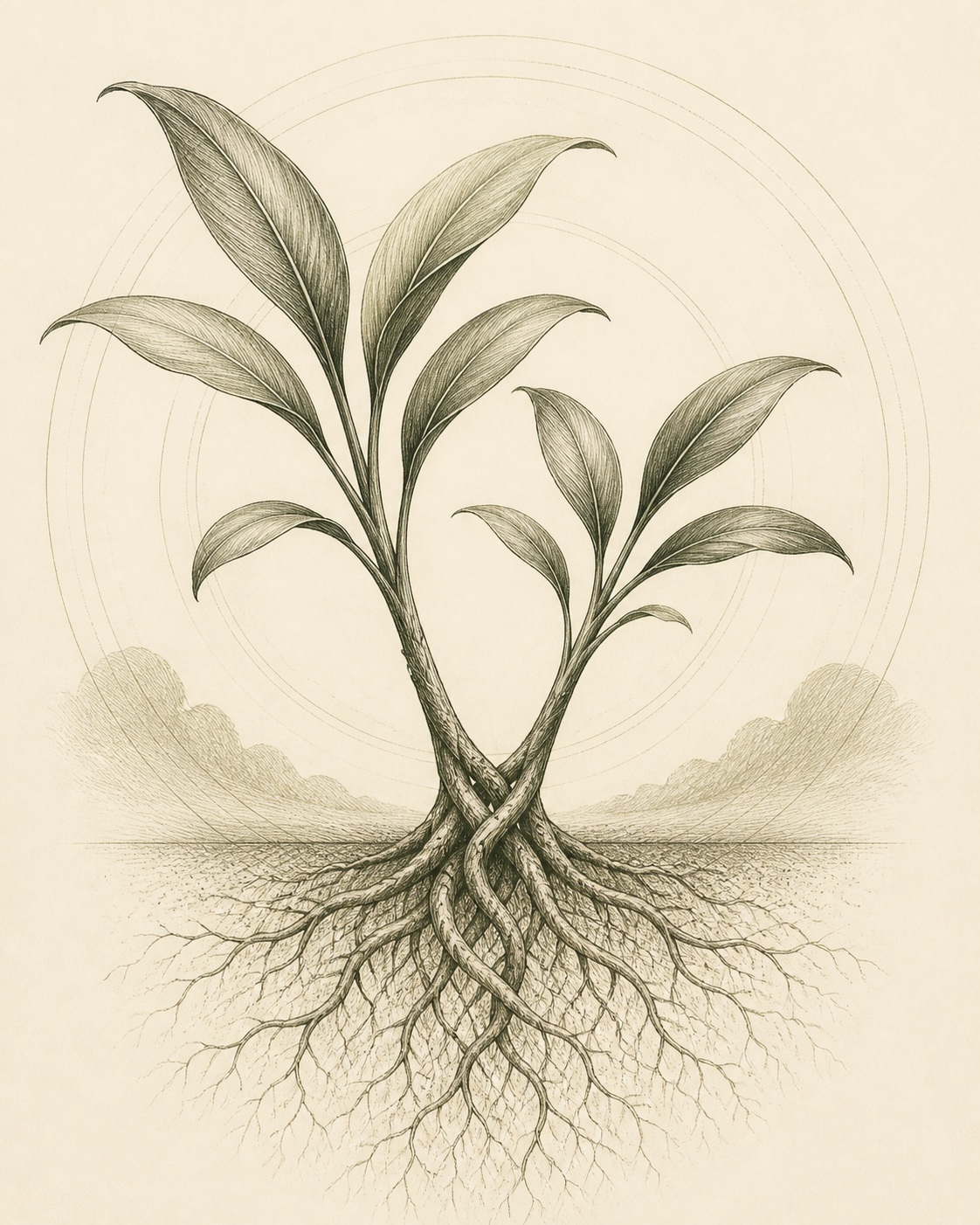 Original pencil illustration of intertwined tropical plants and roots